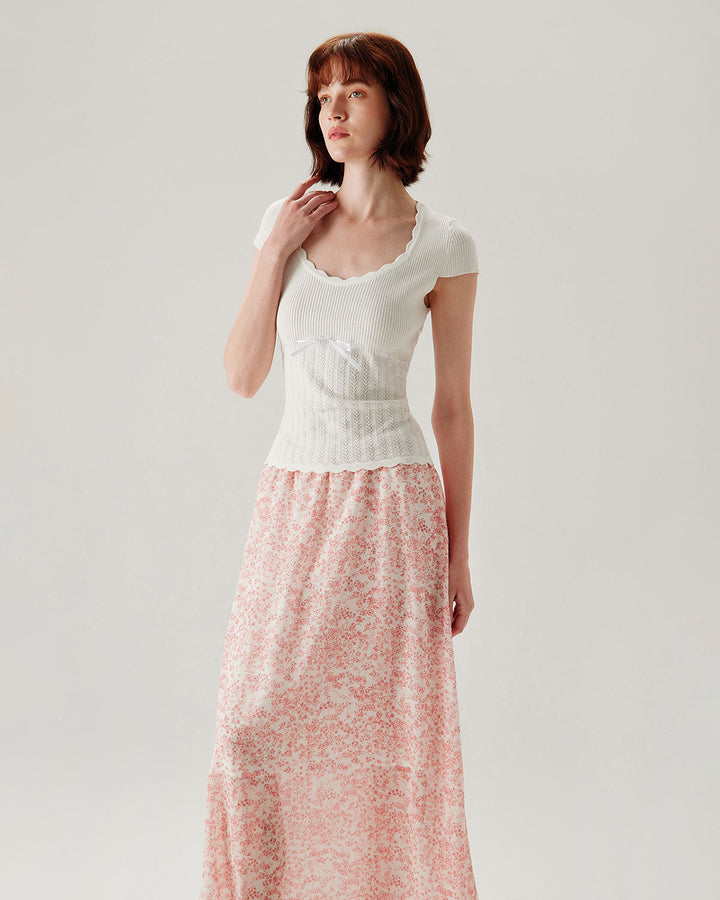 Pink Floral Elastic Waist Flared Skirt