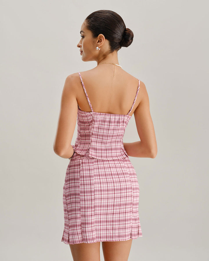 Pink Plaid Straight Mini Skirt