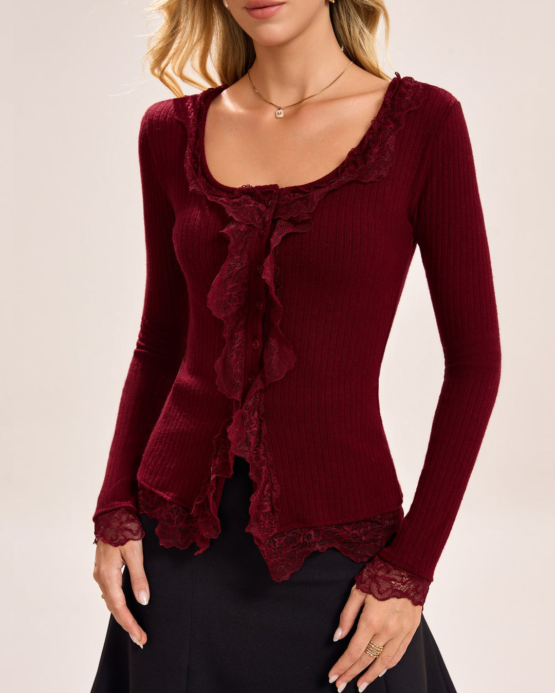 Wine Red Single Breasted Lace Tee