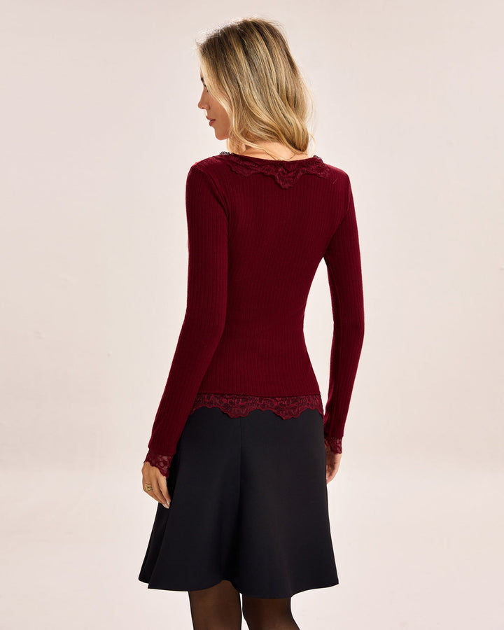 Wine Red Single Breasted Lace Tee