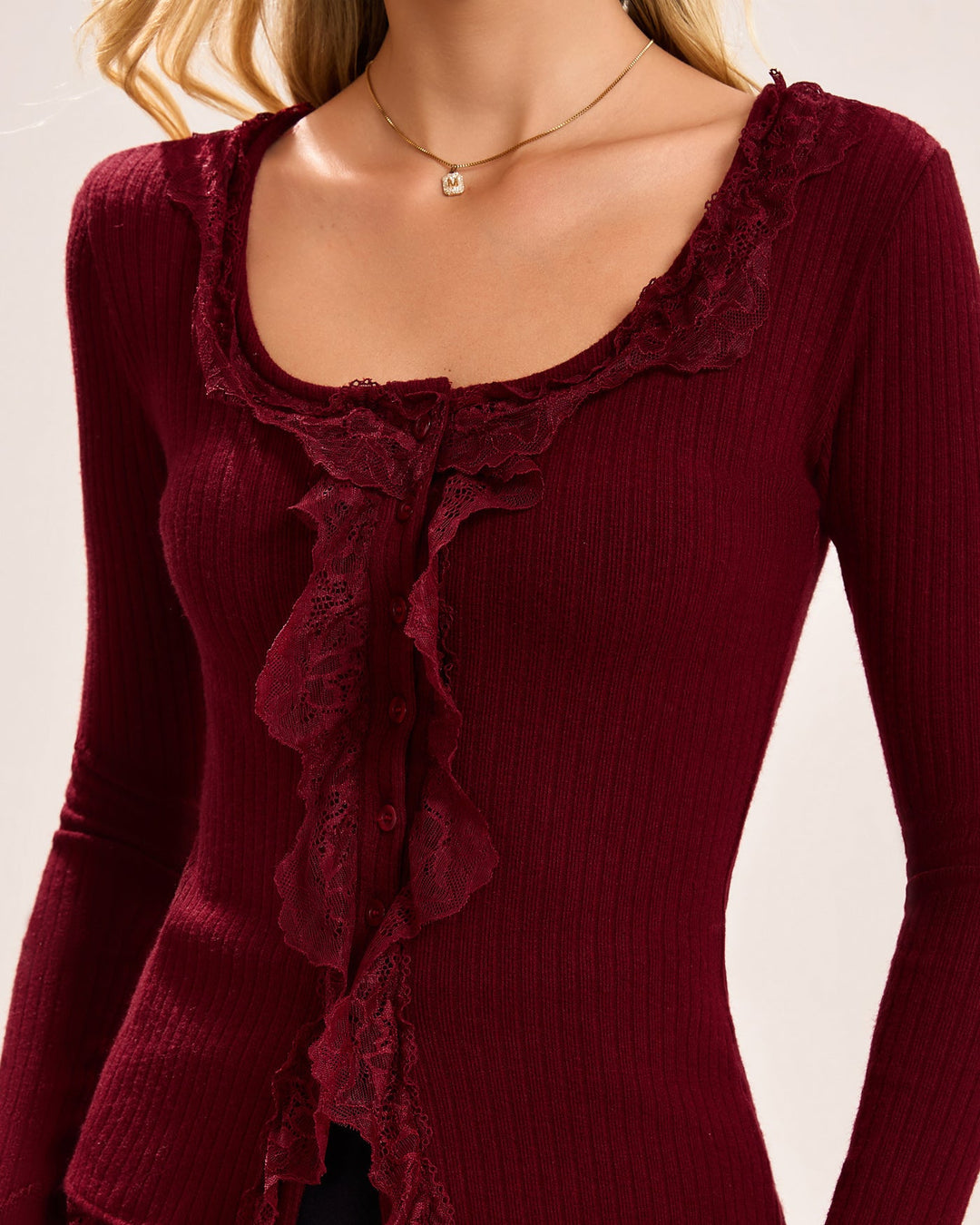 Wine Red Single Breasted Lace Tee