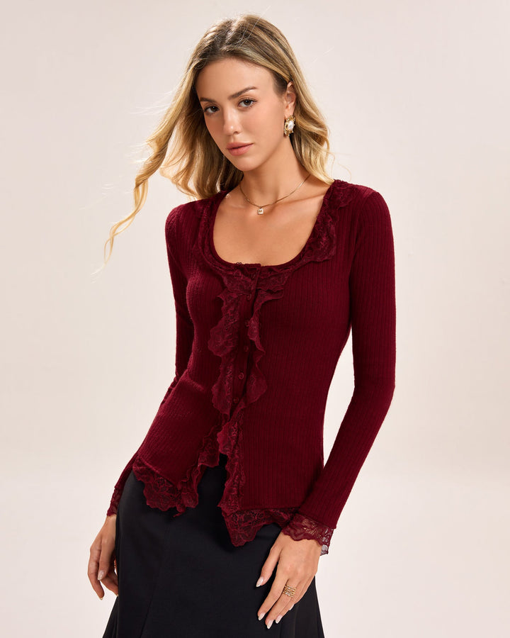Wine Red Single Breasted Lace Tee
