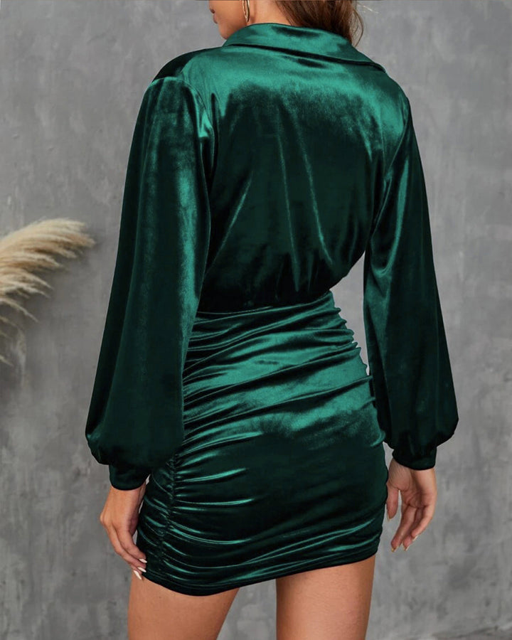 Green Cowl Neck Velour Mini Dress