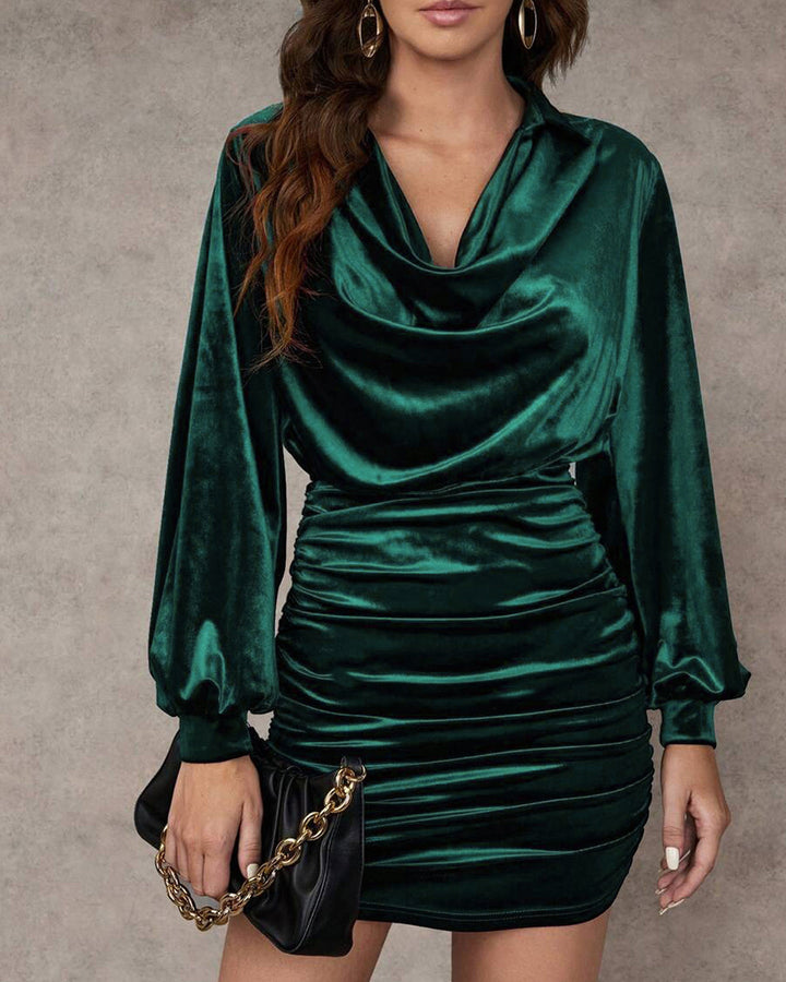 Green Cowl Neck Velour Mini Dress