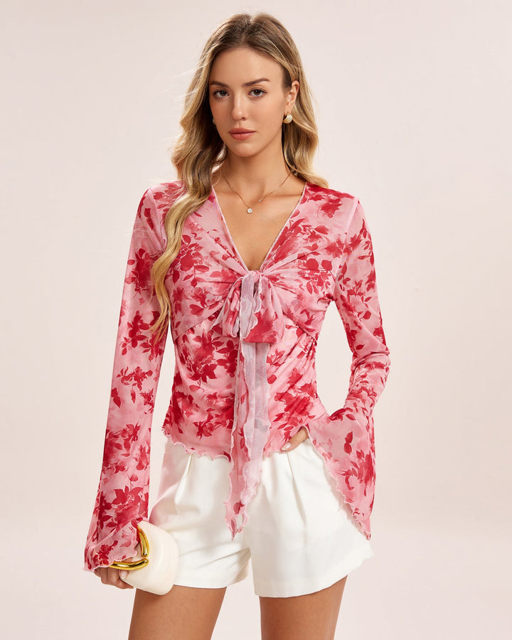 Pink Floral V Neck Tee
