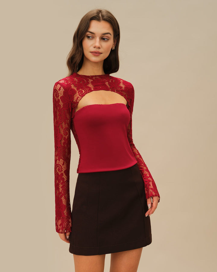 Wine Red Floral Lace Tee