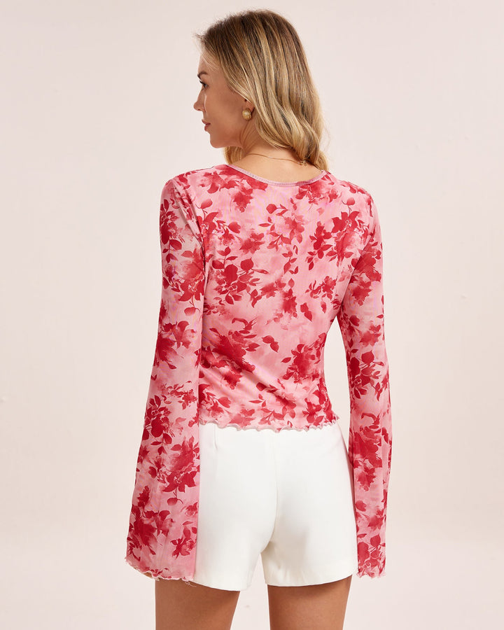 Pink Floral V Neck Tee