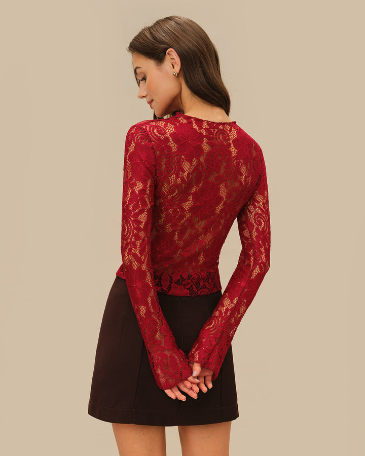 Wine Red Floral Lace Tee