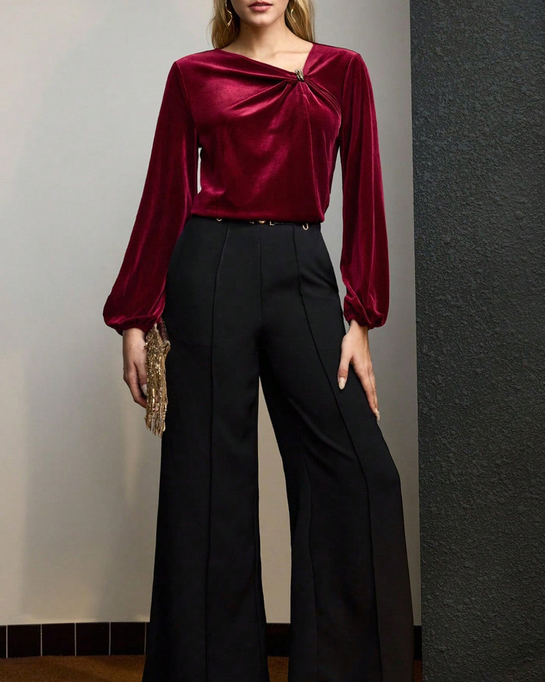 Wine Red Asymmetrical Velour Tee