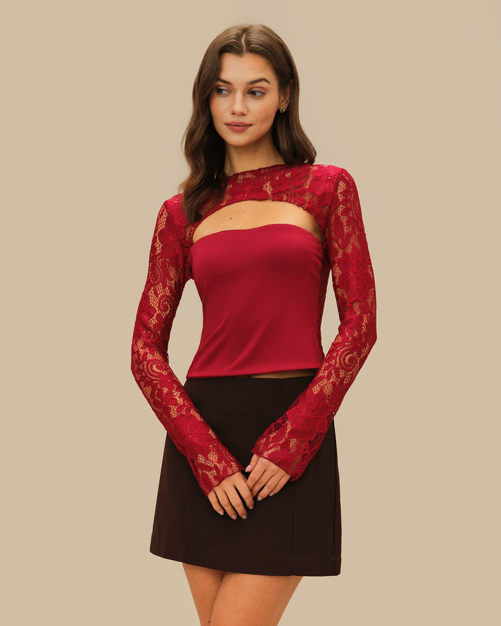 Wine Red Floral Lace Tee