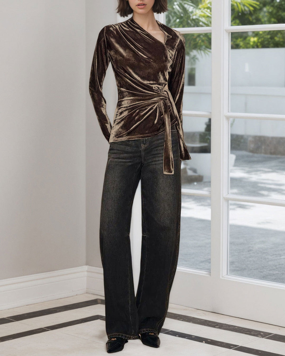 Brown Ruched Velour Tee