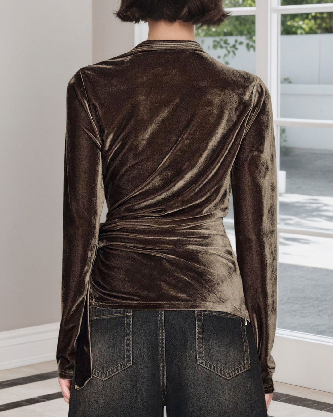 Brown Ruched Velour Tee