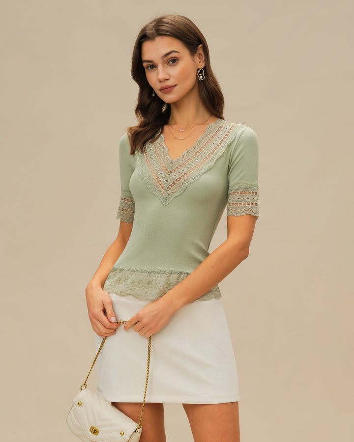 Green V Neck Lace Tee