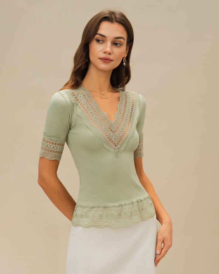 Green V Neck Lace Tee
