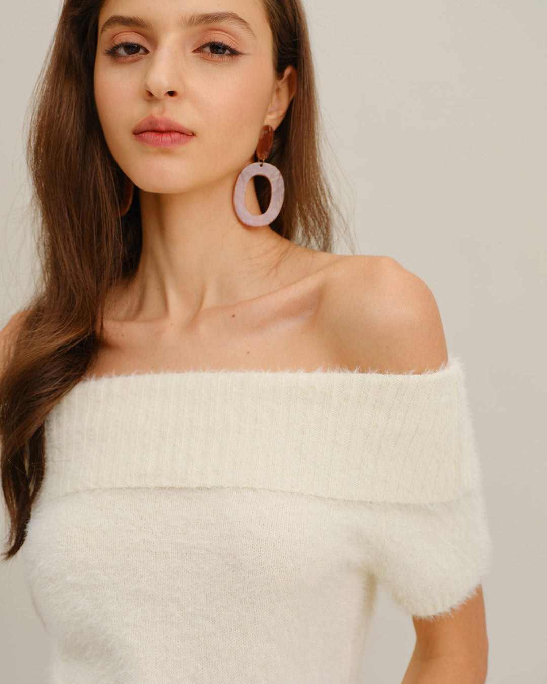 Beige Off The Shoulder Knit Tee