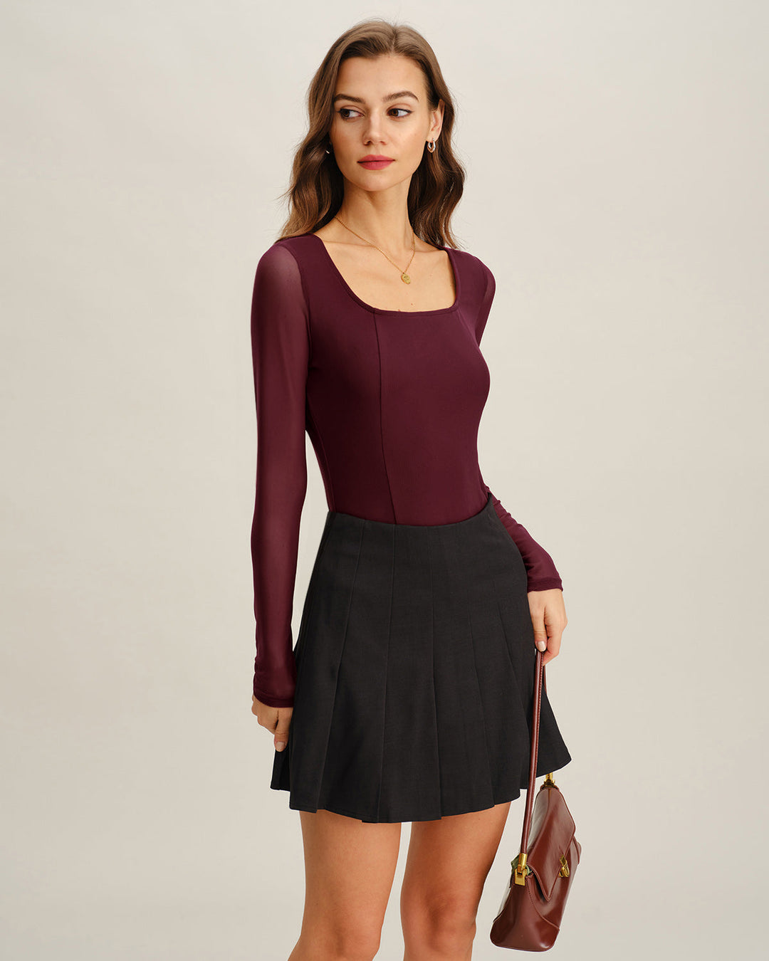 Wine Red Square Neck Slim Tee