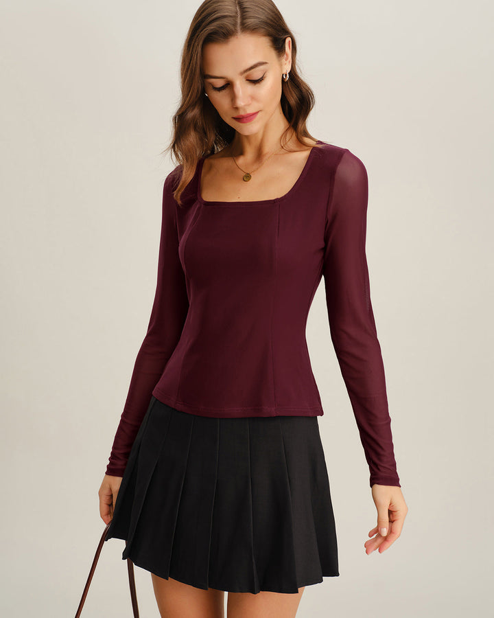 Wine Red Square Neck Slim Tee