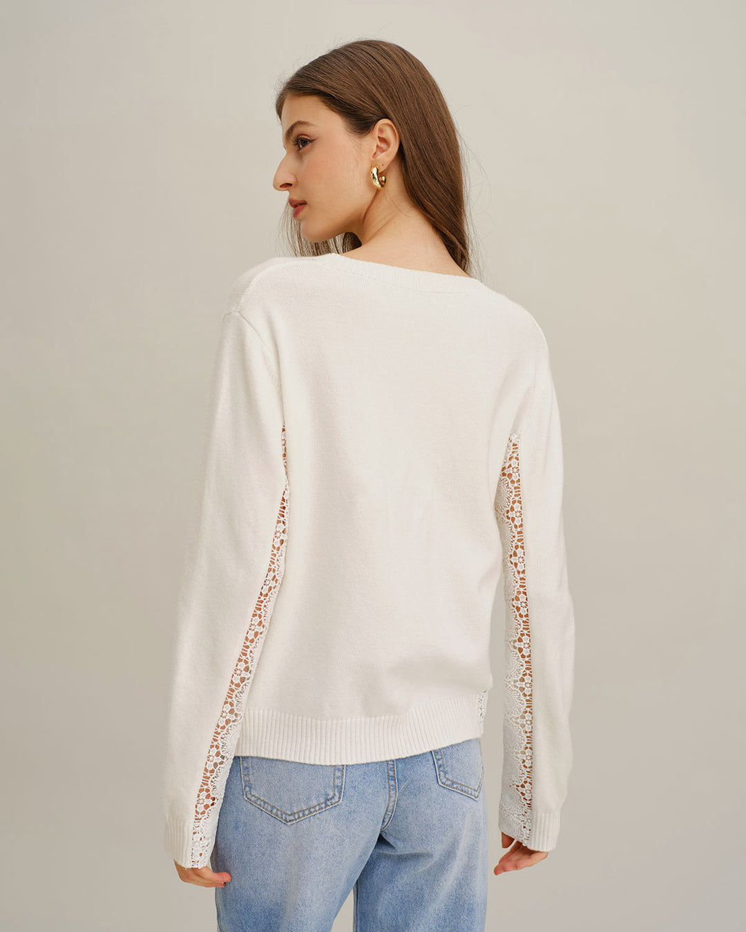 White V Neck Lace Splicing Sweater