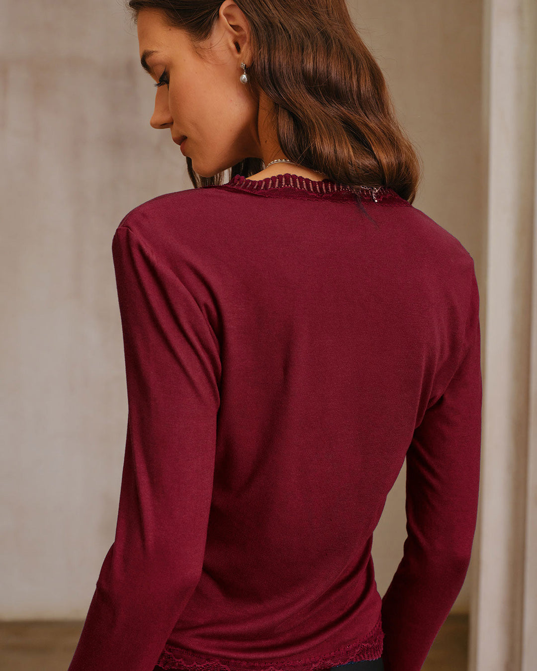 Wine Red Square Neck Lace Tee