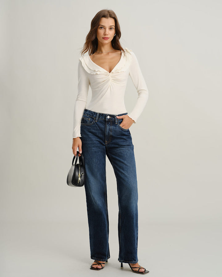 Beige V Neck Ruffle Twist Tee