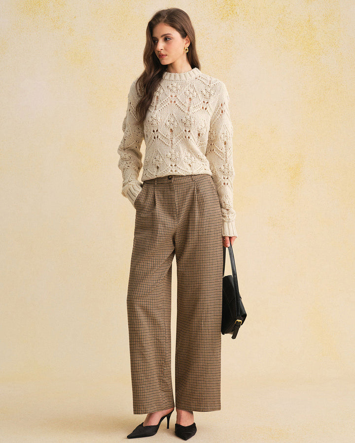 Brown Plaid Straight Pants