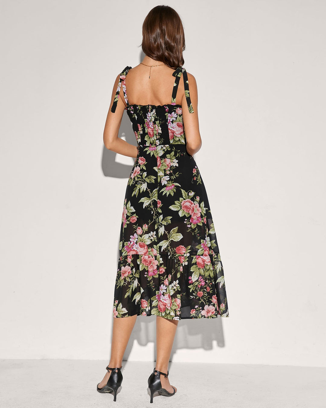 Black Floral Tie Strap Midi Dress