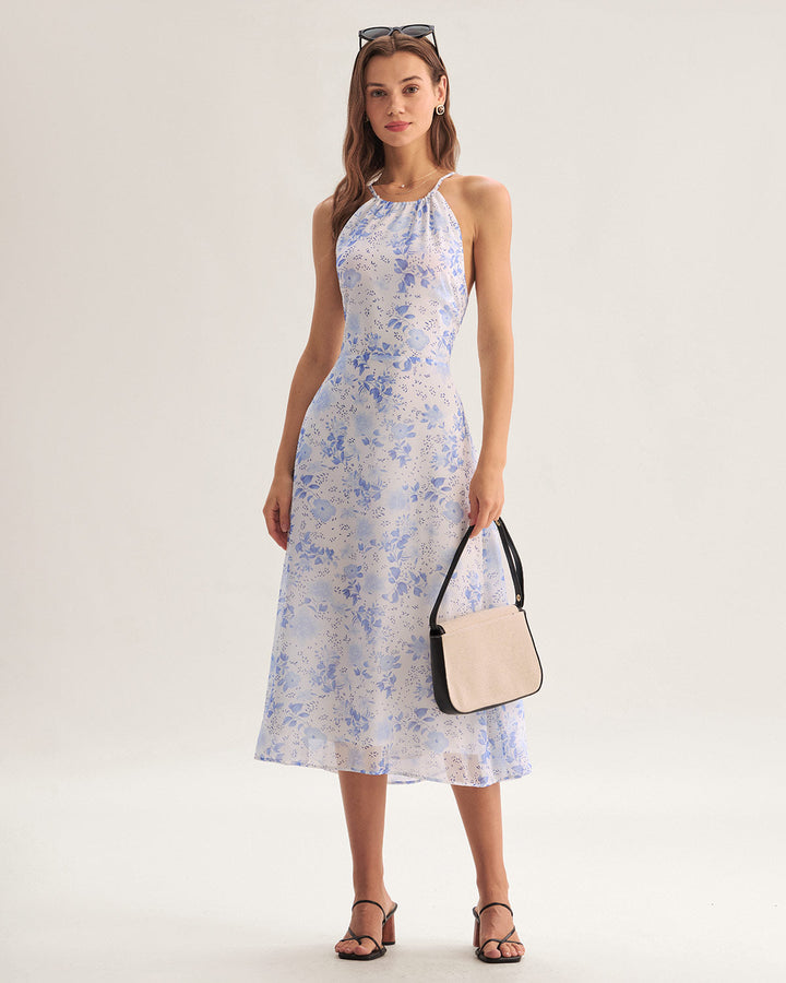 Blue Floral Halter Midi Dress