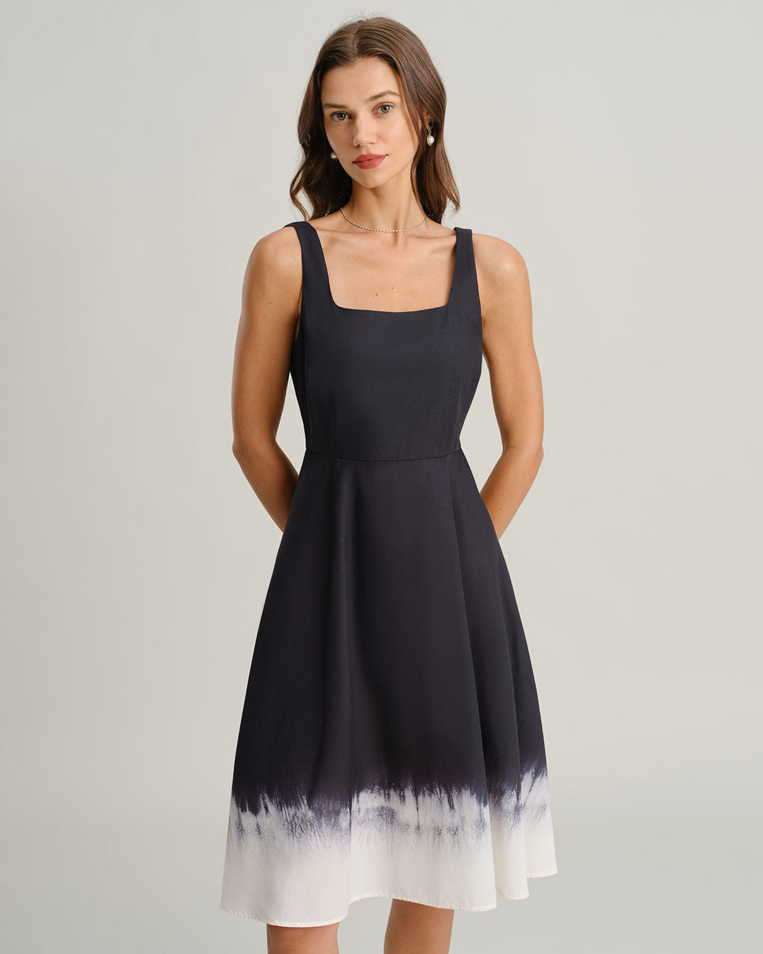 Black Contrast Square Neck Slip Midi Dress