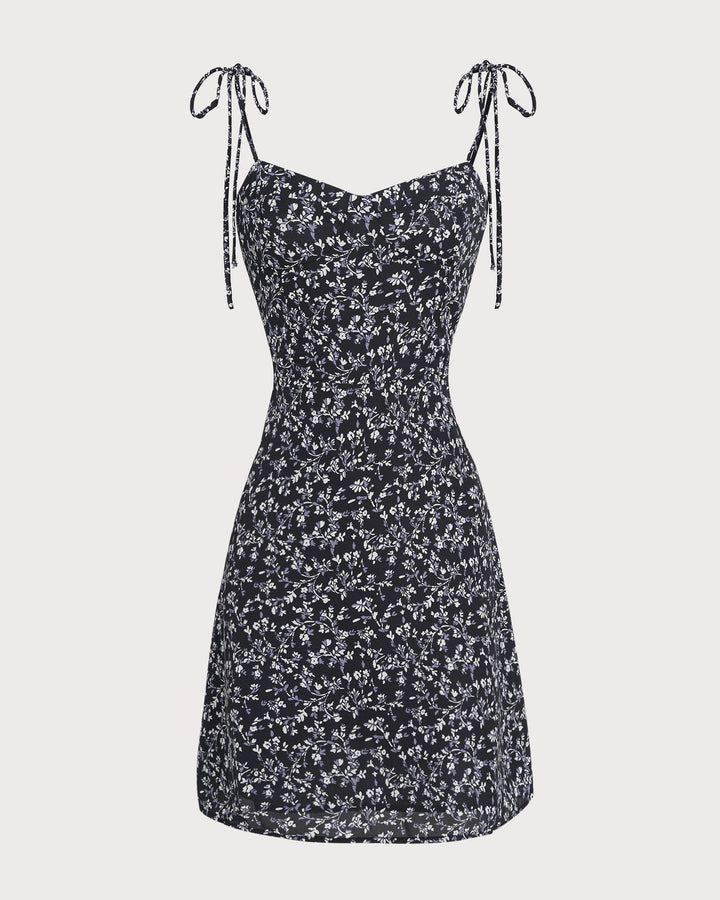 Blue Floral Tie Strap Mini Dress