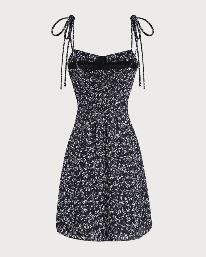 Blue Floral Tie Strap Mini Dress
