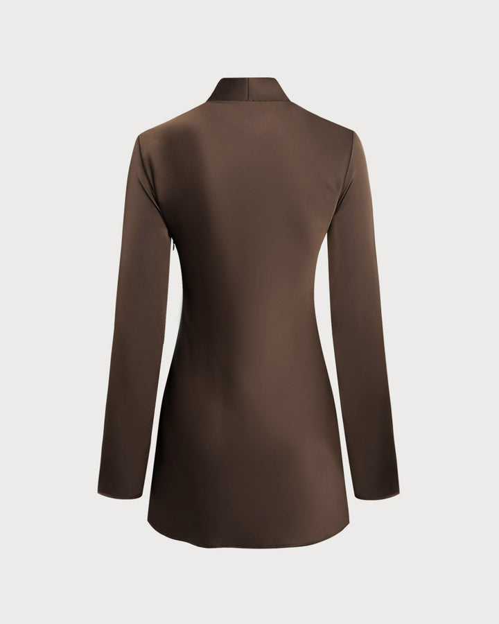 Coffee Satin Tie Neck Mini Dress