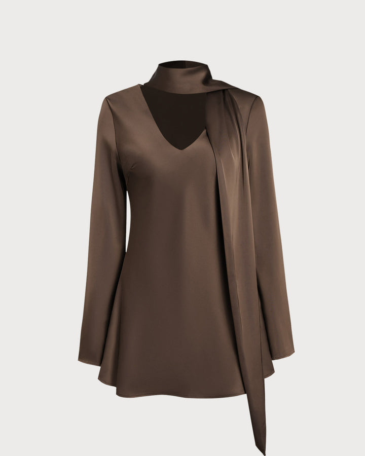 Coffee Satin Tie Neck Mini Dress