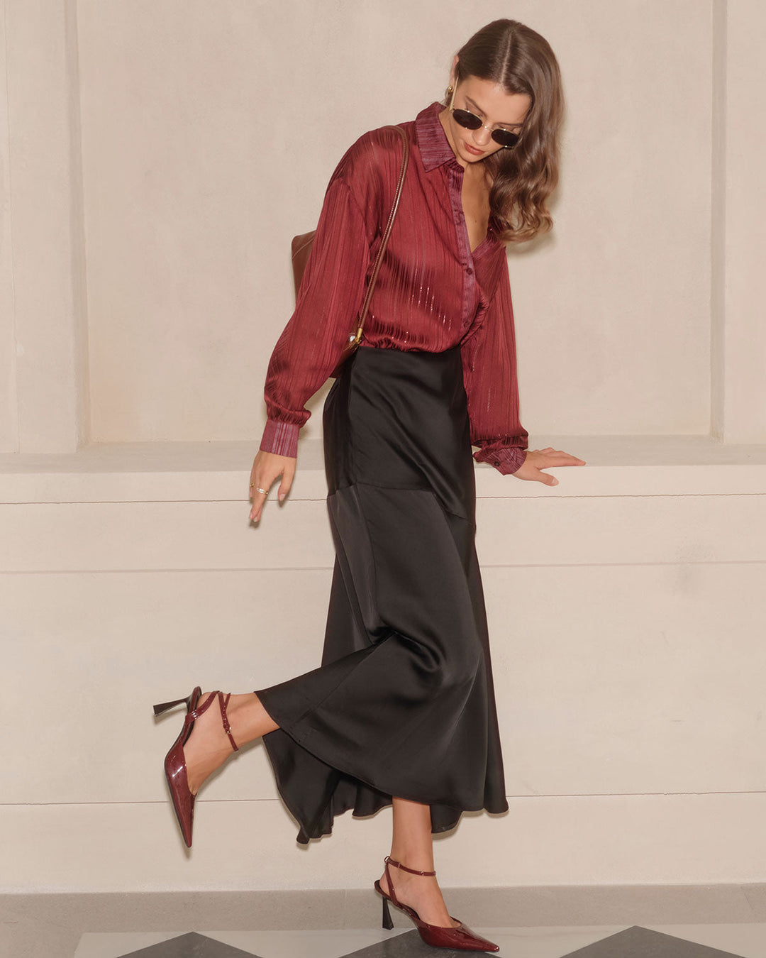 Wine Red Sparkly Loose Shirt
