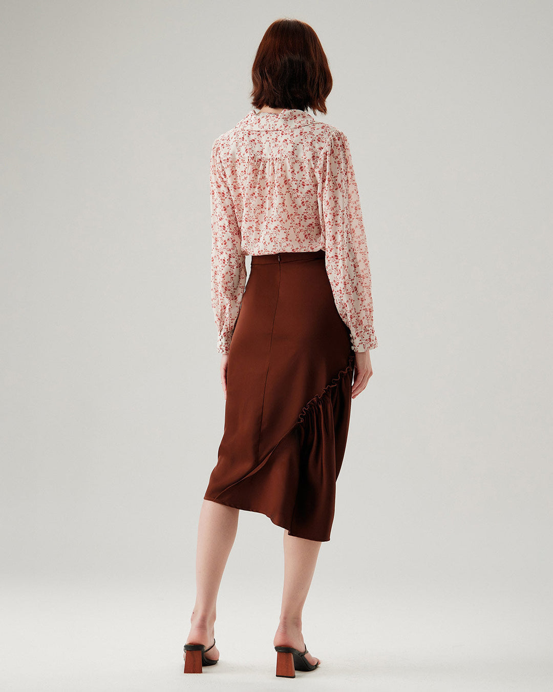 Coffee Ruched Pencil Midi Skirt