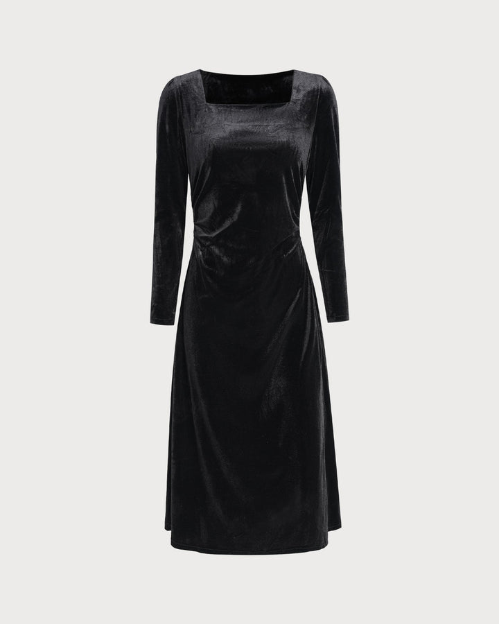 Black Square Neck Velour Midi Dress