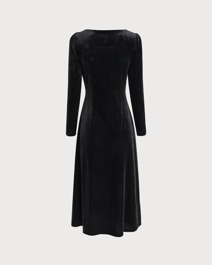 Black Square Neck Velour Midi Dress